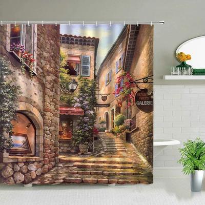 3D Nordisch Italienische Straße Gasse Duschvorhang Garten Blumen Landschaft Retro Design Stoffvorhänge Wasserdicht Heim Badezimmer Dekor