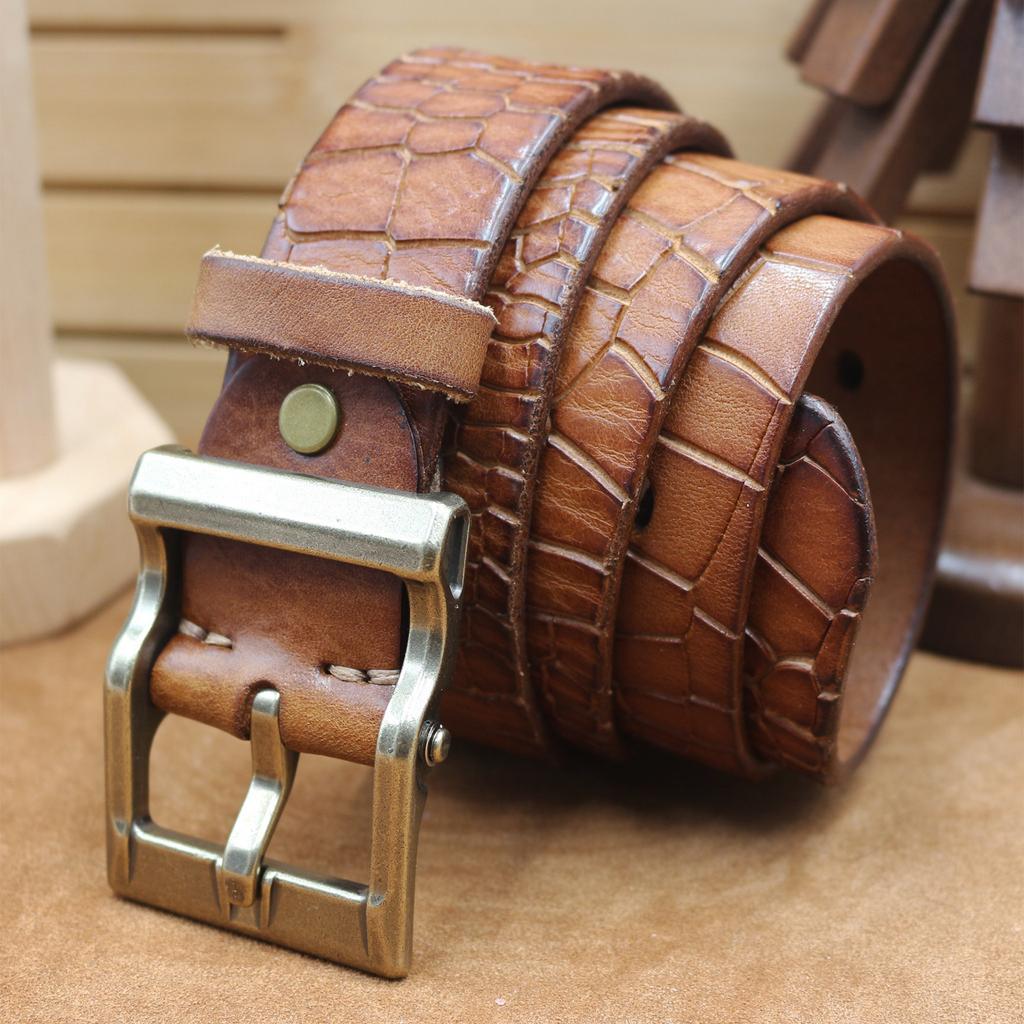 3.8CM Wide Fashion Trend Belt Genuine Leather Pin Buckle Retro Old Crocodile Pattern Head Layer Cowhide Belt Versatile Men