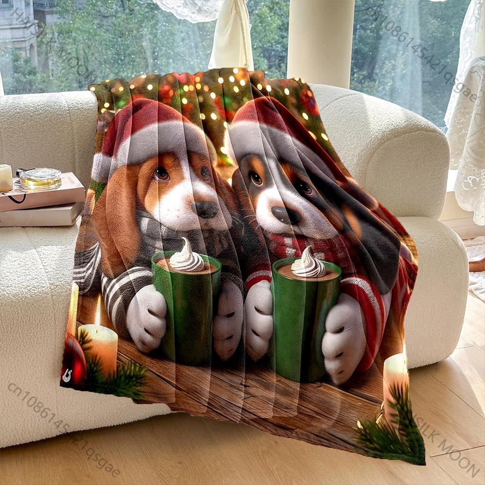 Christmas Theme Two Puppies Drinking Coffee Blanket Warm Soft Luxury Gift for Child Adults Suitable for Home Sofa Travel Camping