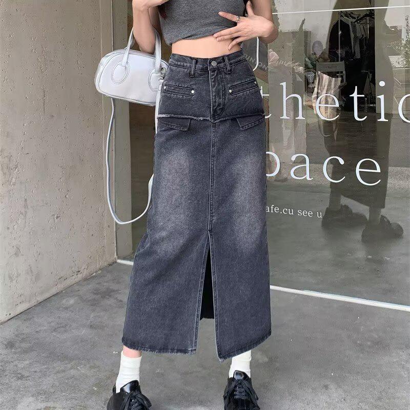 Gonna di Jeans A-line Taglie Forti Petite Vita Alta con Frange - Autunno 2025 Lunghezza Media