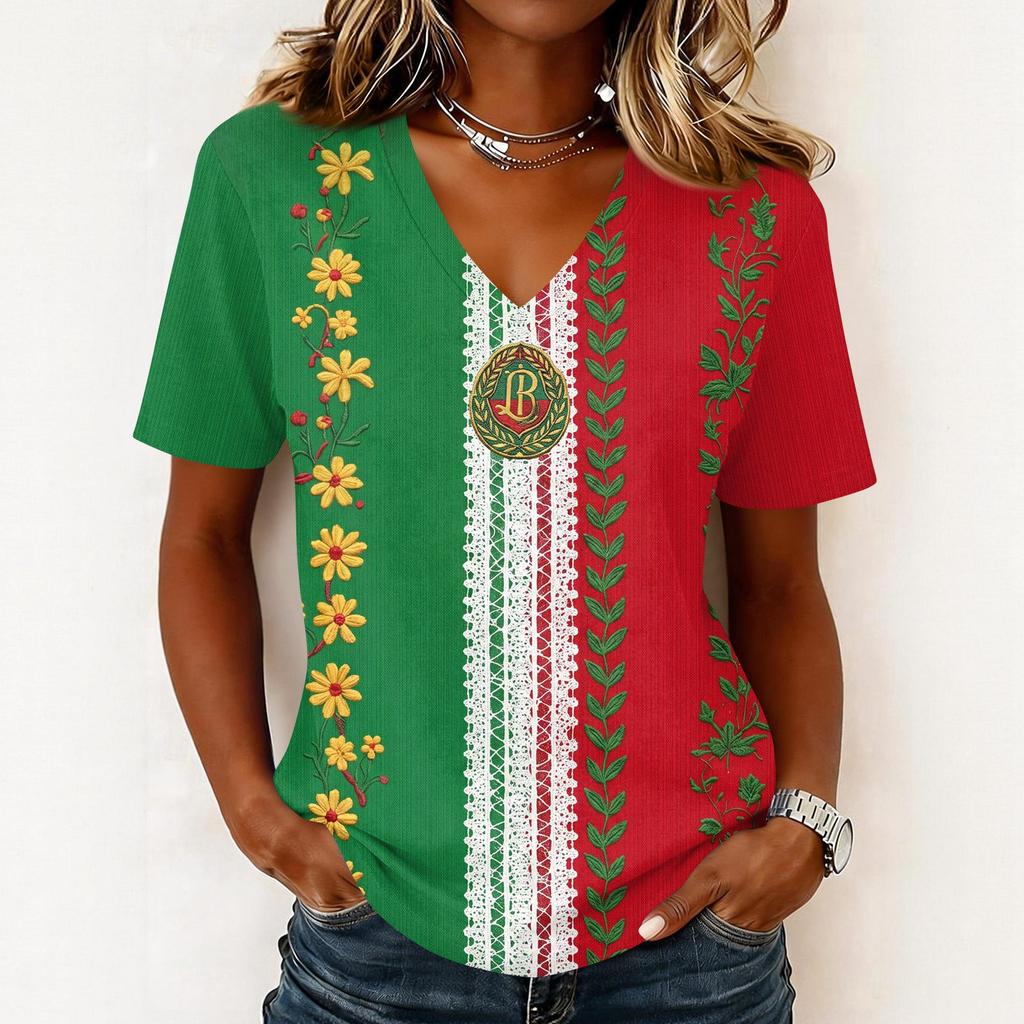 Women's Short Sleeve V-Neck T-Shirt with Soccer Flag Print for Casual Day Wear