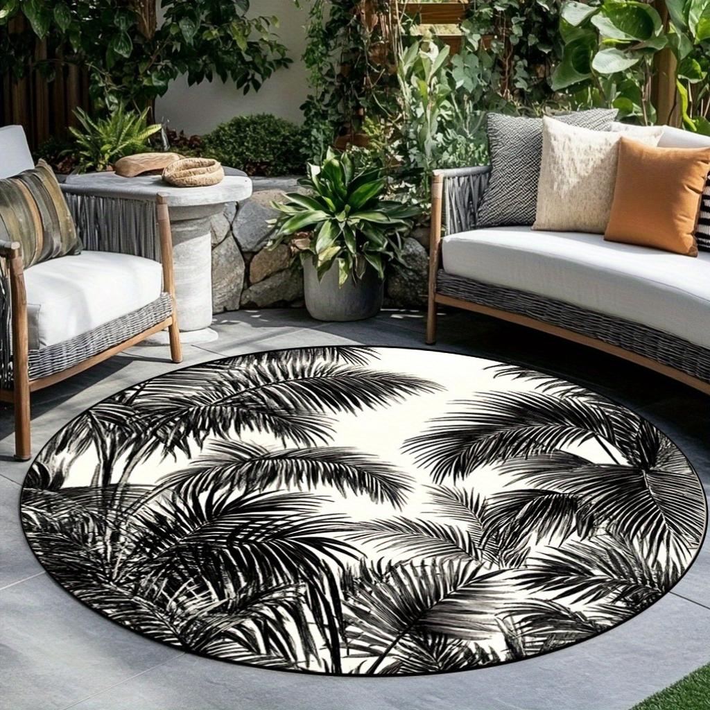 1pc Round Non-slip Rug with Black and White Tropical Leaf Pattern, Perfect for Living Room or Bedroom Decoration