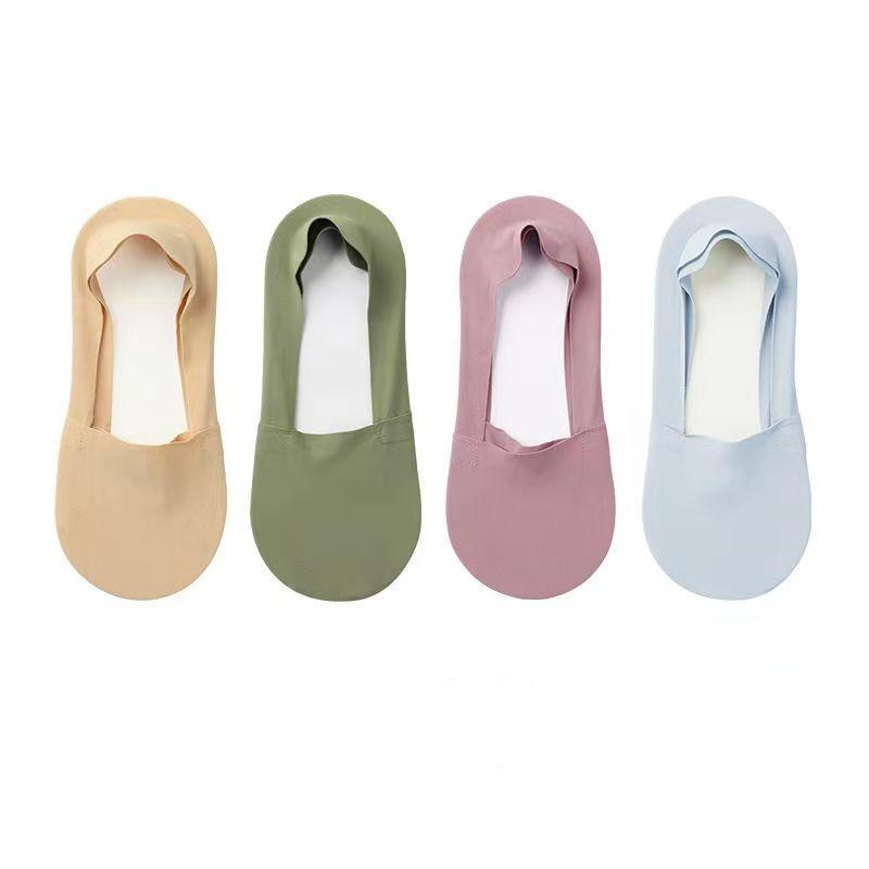 4 Paar Damen Flache Unsichtbare Eis-Seide Bootssocken Bonbonfarben Dünn Atmungsaktiv Silikon Rutschfest Baumwollsocken