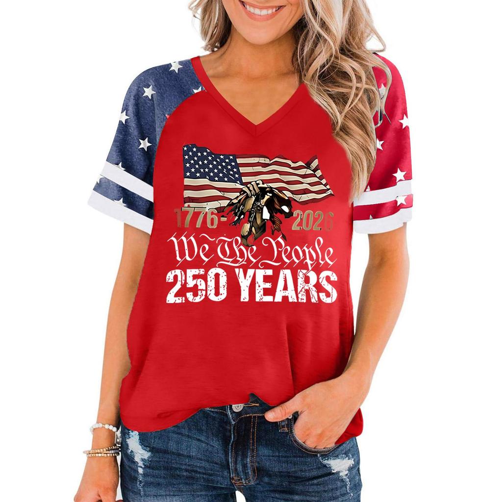 Women V Neck Short Sleeve Pullover T Shirt Casual Top with Graphic Print for Independence Day Celebration 1776 To 2026 Commemorative Design