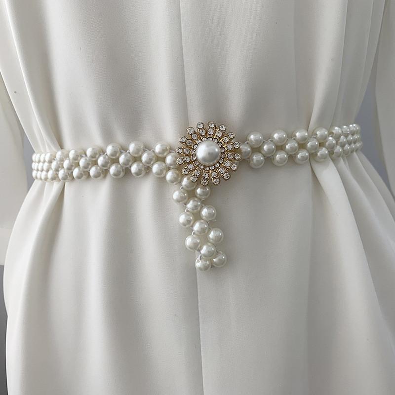 Elegant Pearl And Rhinestone Embedded Waist Belt For Women's Dresses And Outfits