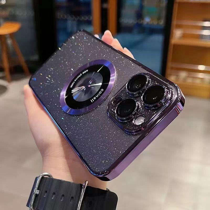 Metal Magnetic Bracket IPhone 16 Mobile Phone Case Suitable for Apple 15Pro Electroplated PC Flash Powder Protective Case Transparent