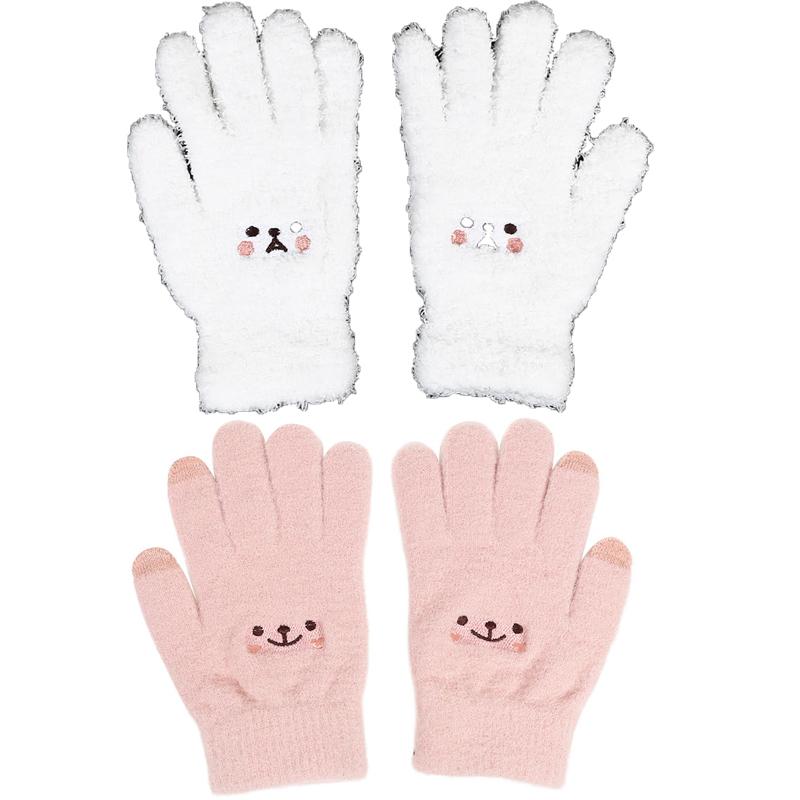 1-2pair Adorable Gloves Portable Winter Gloves Cute Soft Fluffy Plush Winter Gloves Cartoon Bear Winter Warm Full Finger Gloves