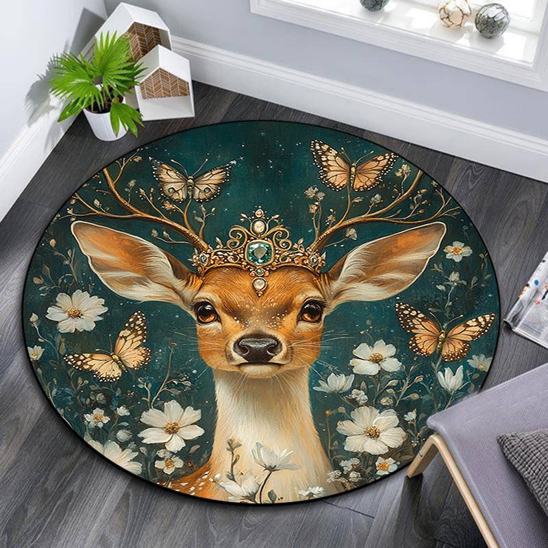 Deer with Flowers Round Area Rug,Carpet Rug for Living Room Bedroom Sofa Playroom Decor,Non-slip Floor Mat