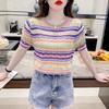 French Round Neck Color Striped Short Sleeved T-shirt for Women's Summer Hollow Knitted Base Shirt Casual Top