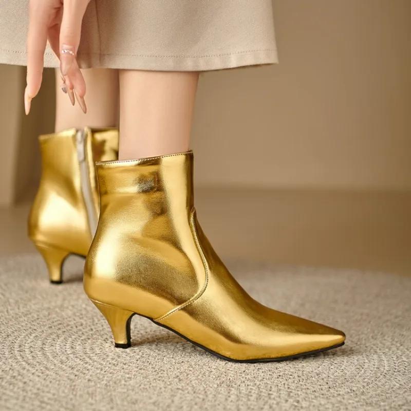 Fashion Gold Silver Zipper Pointed Women Short Boots Fashion New European American Winter Warm 5.5cm High Heels Ankle Boots Size 32-48