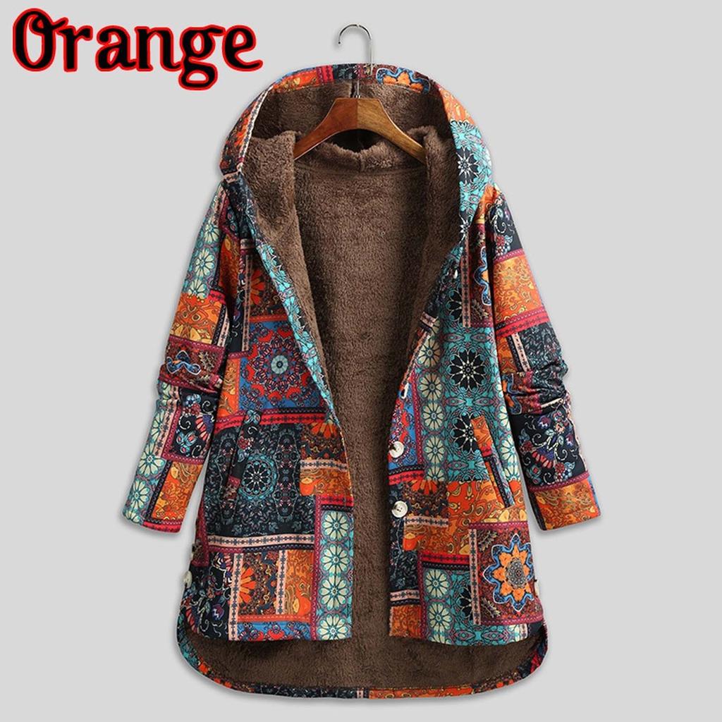 Womens Winter Warm Outwear Print Hooded Pockets Vintage Oversize Coats