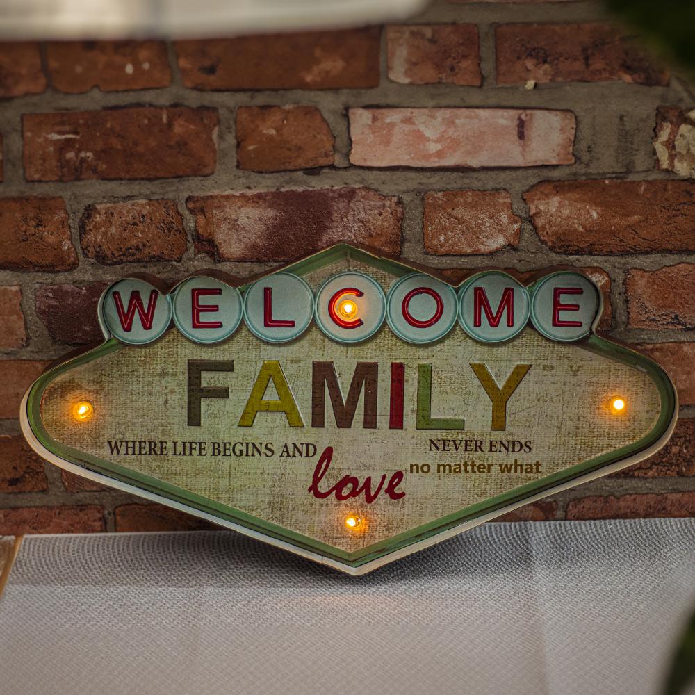 Znak Metalowy Retro Led Welcome Family Forever Light