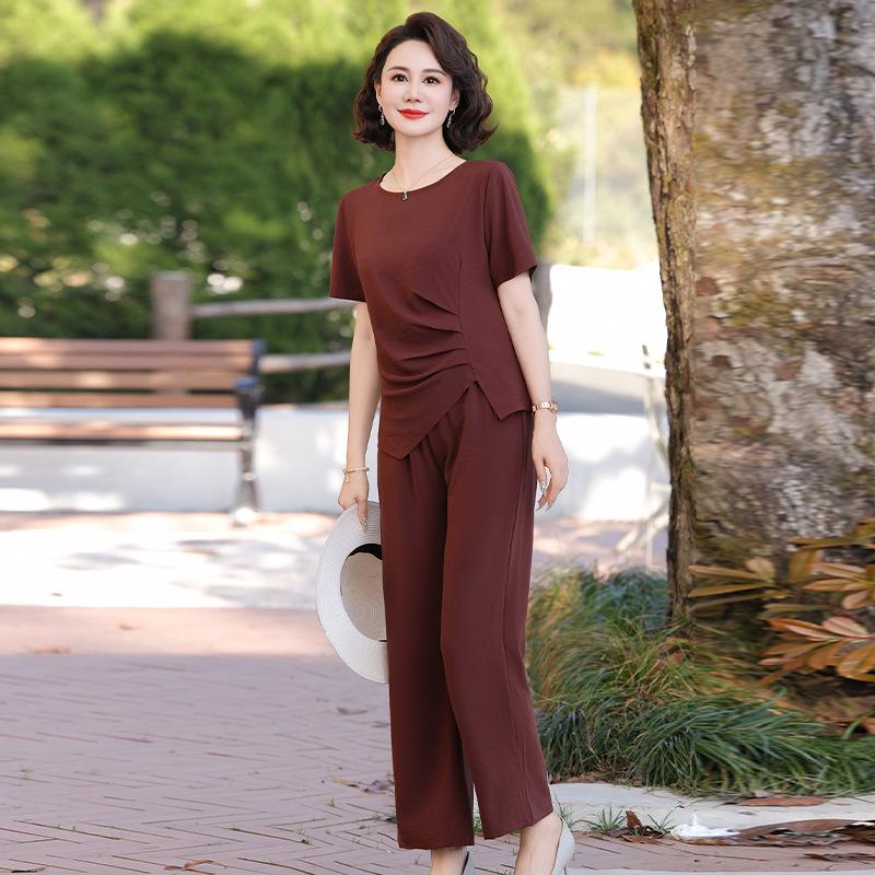 

Летний стиль комплект из двух частей из ледяного шелка: Топ с коротким рукавом и повседневные брюки для мам XL (suggested weight 90-110 jin) ржавый/красный