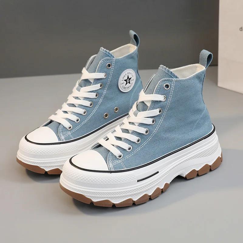 Spring Autumn Female Women High Top Sneakers Lace-Up Casual Plarform Height Canvas Non-slip Wear Resistant Vulcanize Shoes
