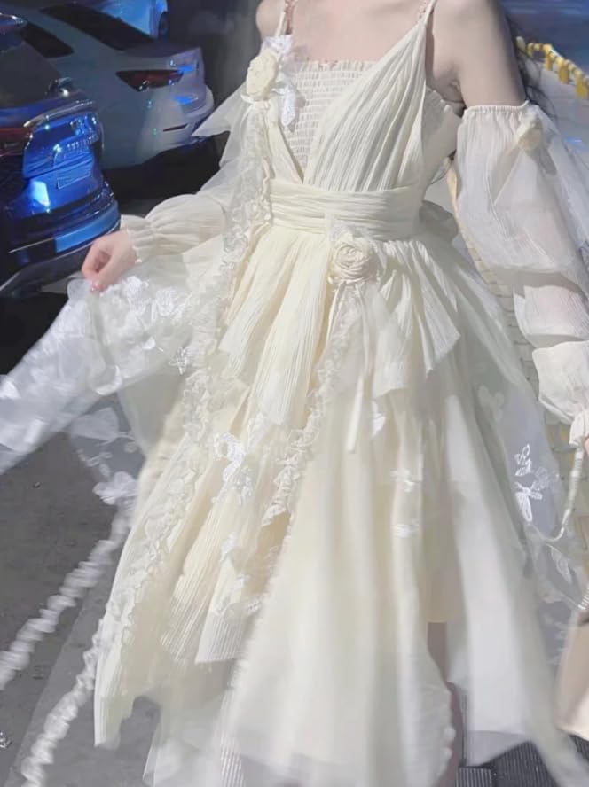 Lady Lazy Lolita with Arm Cream Dress, Sleeveless, Cosplay, White, Asymmetrical, Knee-Length, Covers,