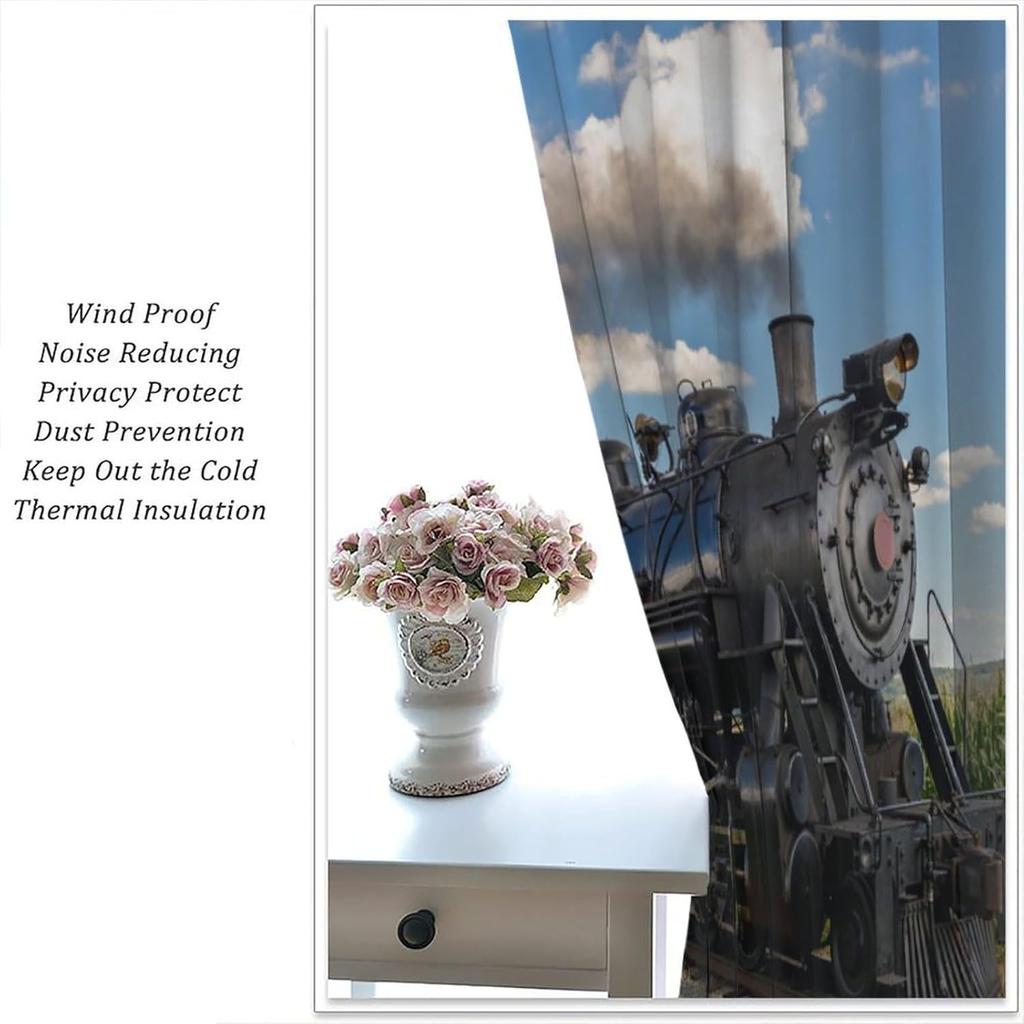 Light Blocking Steam Engine Curtains Old Train Through Country Field Scenery Print Window Treatments Curtain Vintage Polyester With Rod Pocket