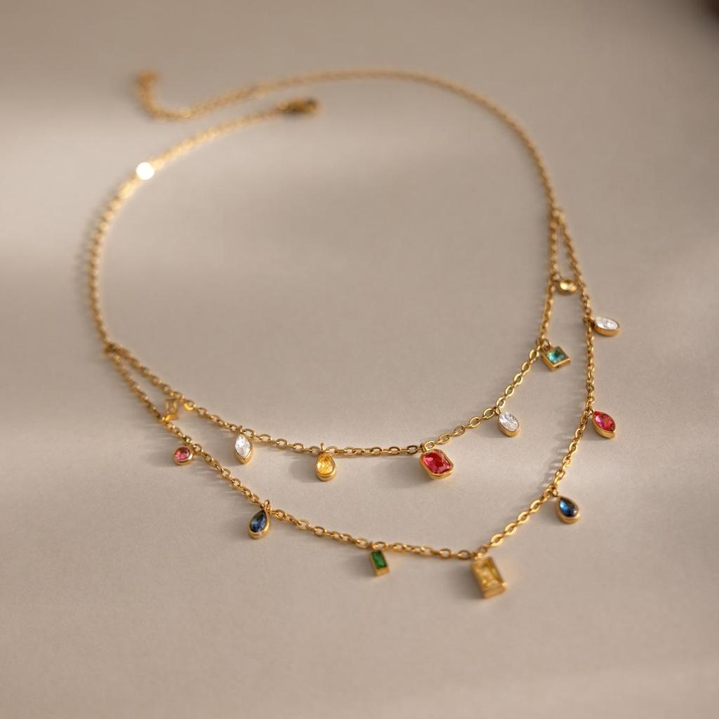 Wonderswan 18K Gold-Plated Stainless Steel Geometric Zircon Double Layer Necklace - Colorful & Luxurious for Women