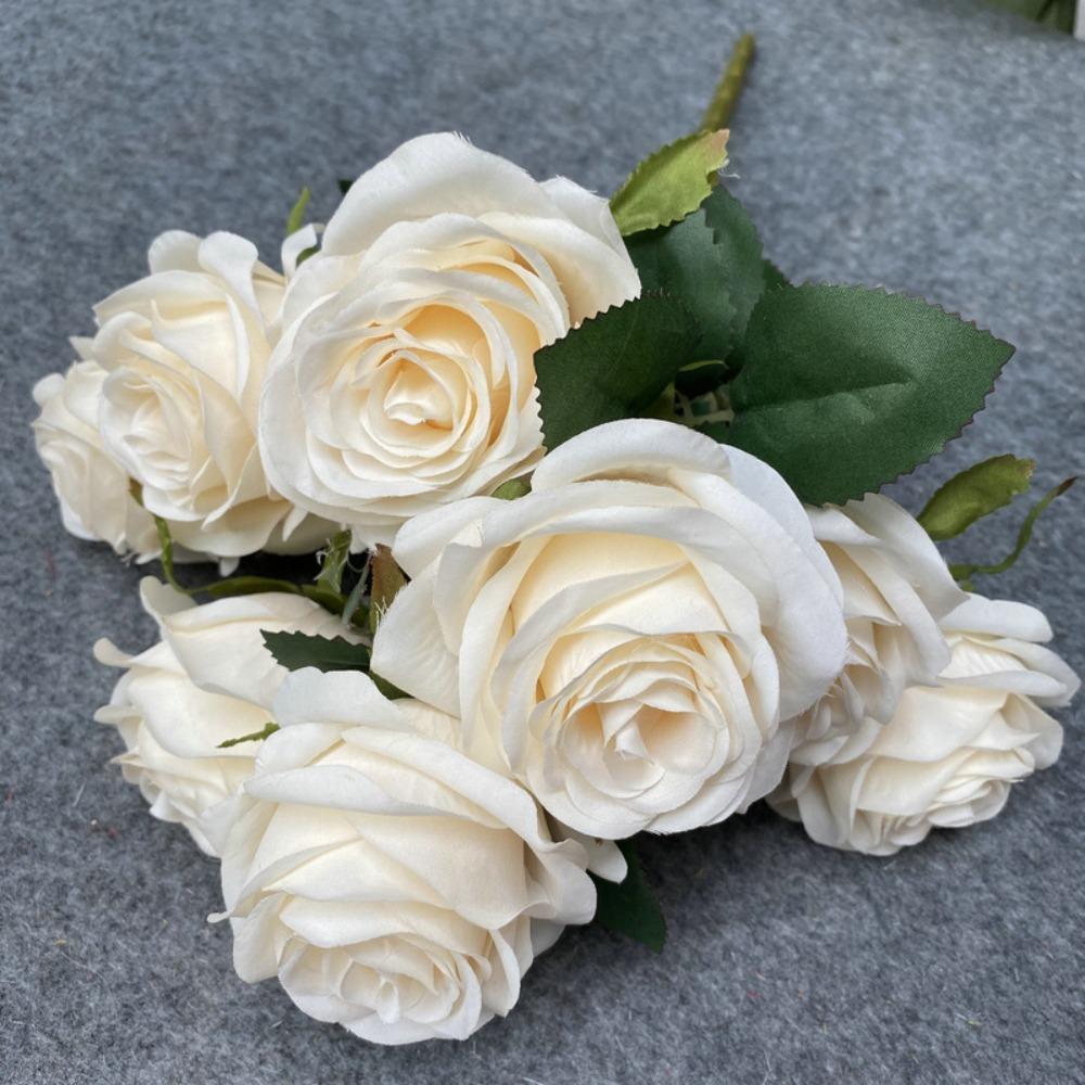 

9 Heads Rose Bouquet Retro Style Realistic Design Artificial Flowers 9 Heads Arrangement Multi Head Wedding Decoration бежевый