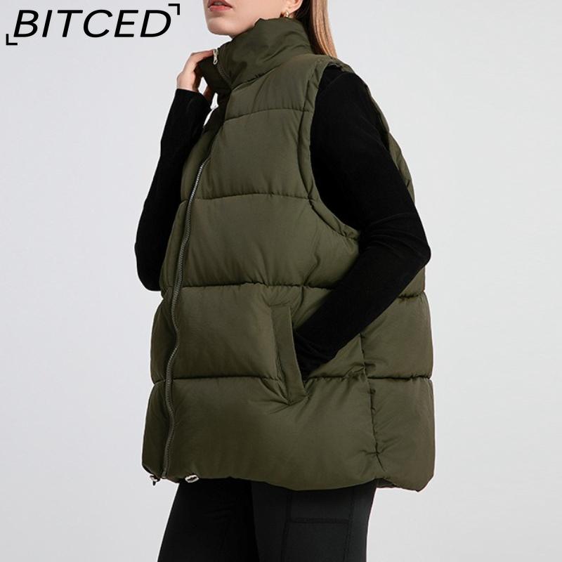 BITCED Women's Autumn/Winter Sleeveless Cotton Coat Mid-Length Stand Collar Thermal Down-Filled Cotton Vest Thickened Waistcoat Outerwear