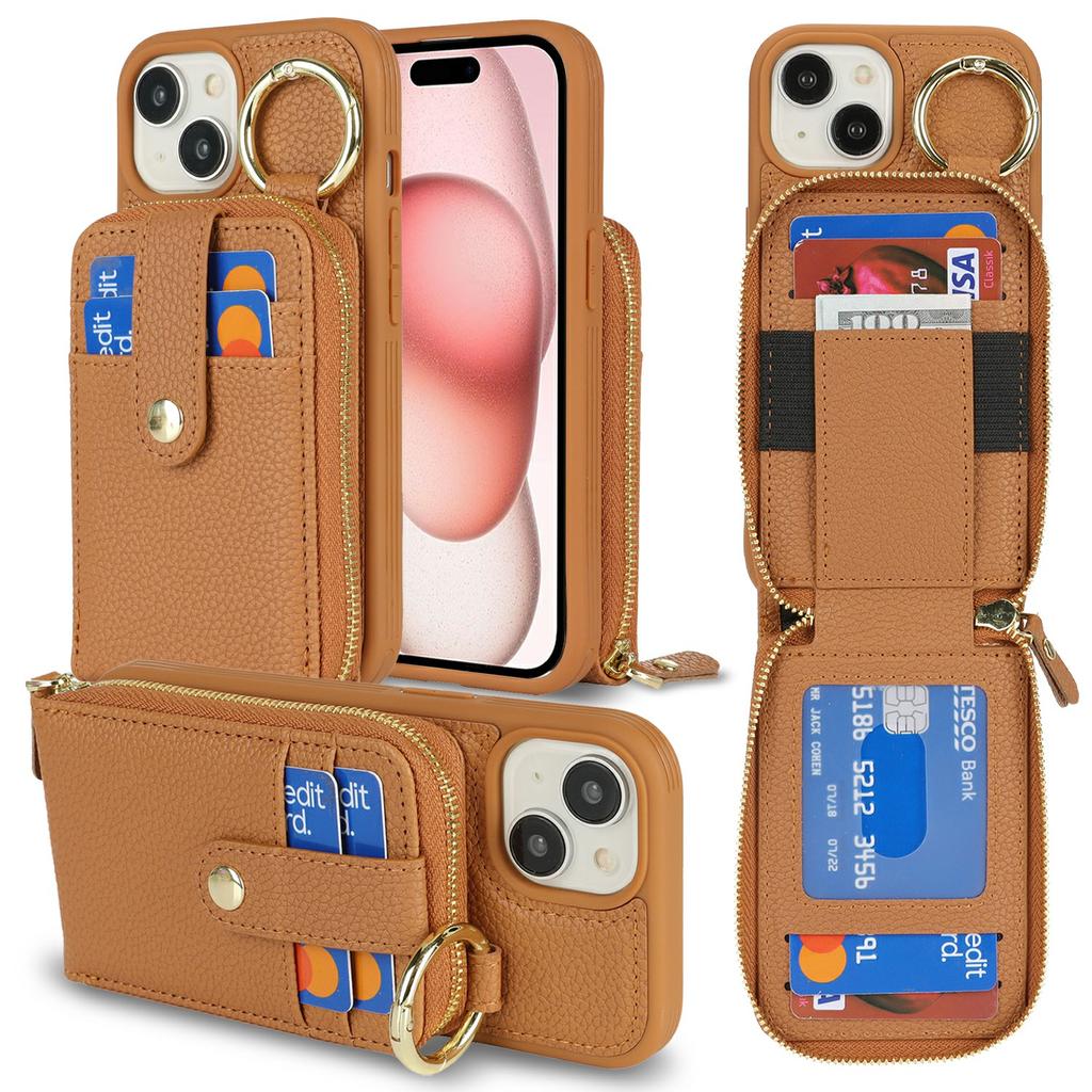 For iPhone 15 Case with Zipper Pouch/Ring Kickstand/Strap Litchi Texture PU+TPU Phone Cover