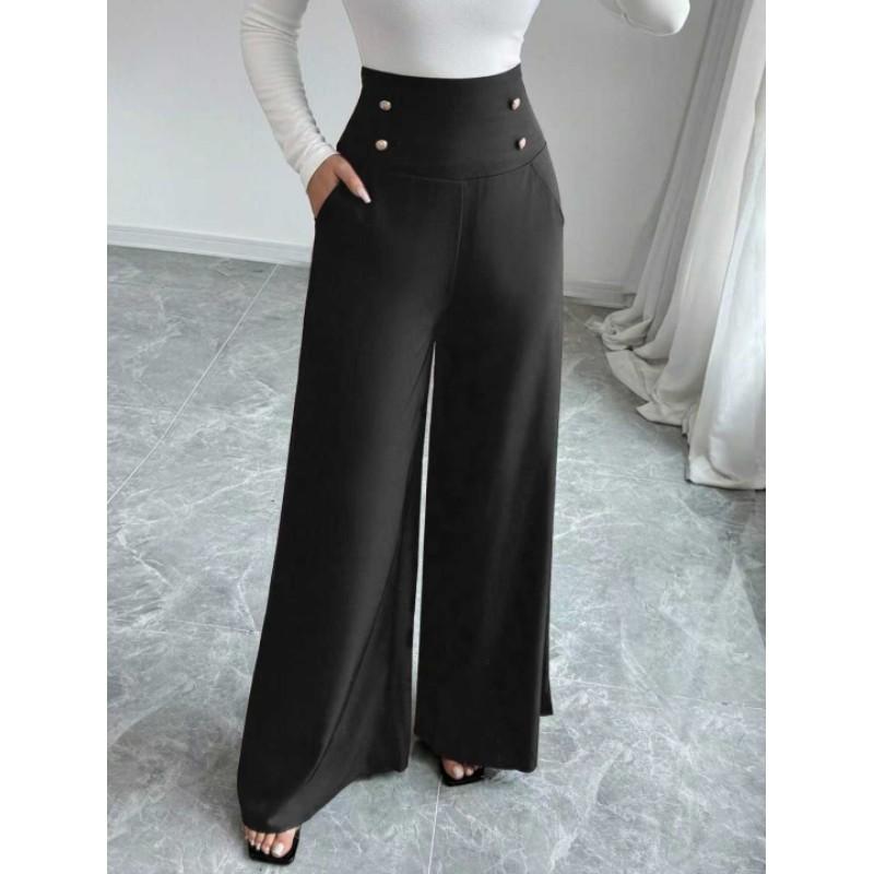 Women's Spring/Fall Minimalist and Elegant High-Waisted, Tummy-Tucking Wide-Leg Pants with Pockets for The Office
