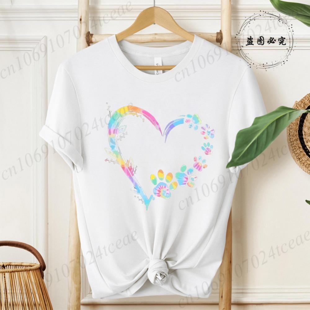 Heart Dog Paw Print Women's T-shirt, Graphic T-shirt, Short-sleeved T-shirt, Summer Fashion, Casual Street Fashion Top