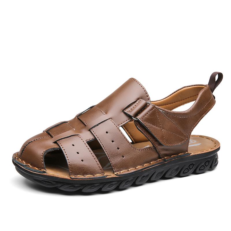Men Handmade Simple Flats Sandals Summer Roman Sandals Retro Black Brown Closed Toe Leather Beach Shoes Plus Size