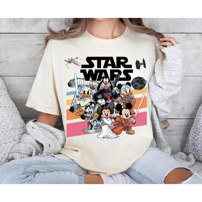 Disney X Star Wars Character Mashup T-Shirt, Unisex Retro Sci-Fi Cartoon Streetwear Tee, 100% Cotton Casual Short Sleeve Top