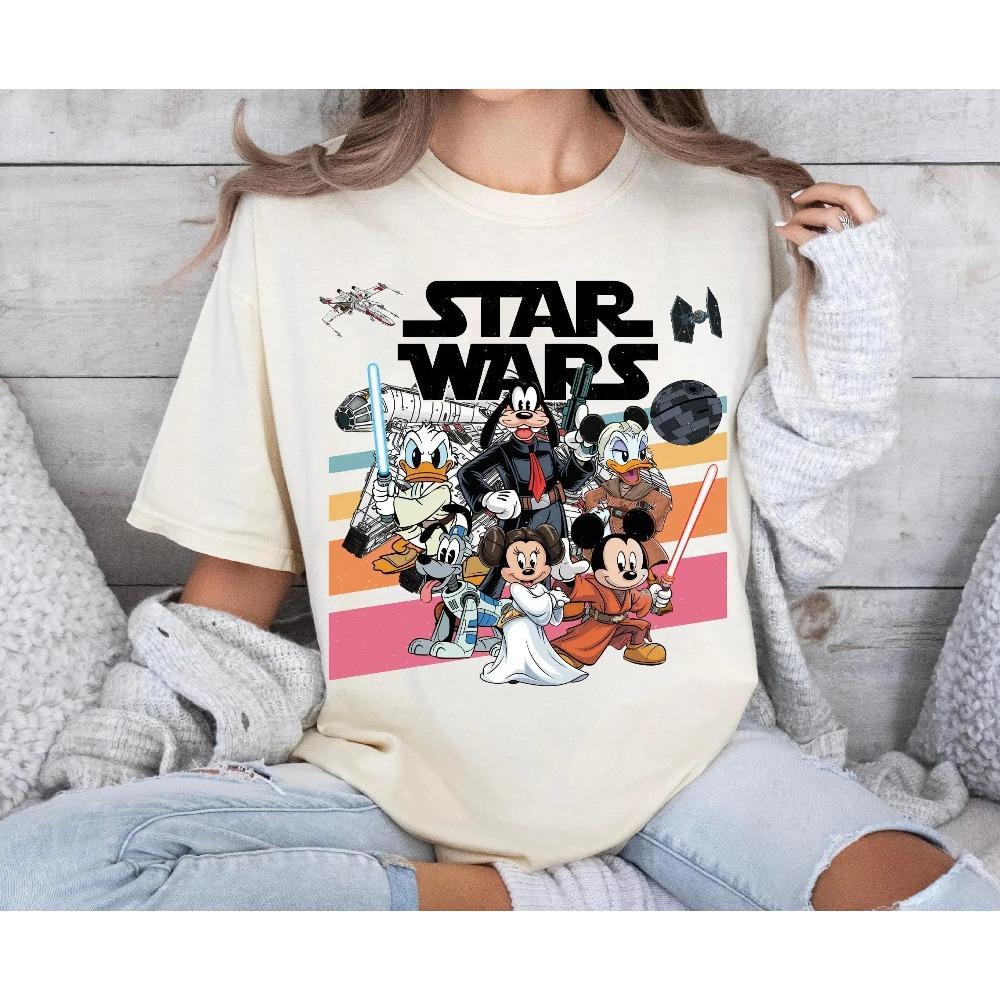 

Футболка-мікс персонажів Disney x Star Wars, Унісекс, Ретро, Науково-фантастичний, Мультяшний, Вуличний одяг, 100% Бавовна, Повсякденний, З коротким рукавом XXXL