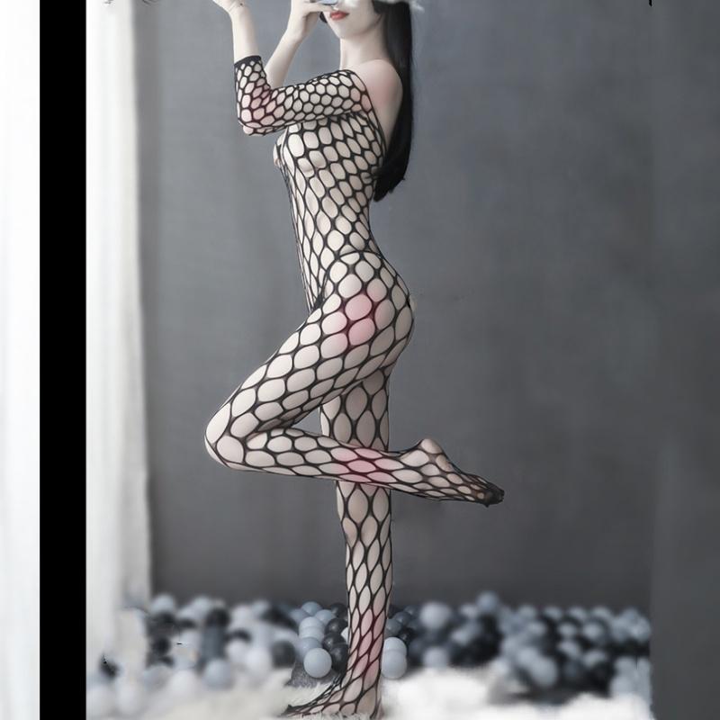 Plus Size Damen Hohlnetz-Einteiler-Strumpf, offene Netz-Dessous, sexy durchsichtige Dessous
