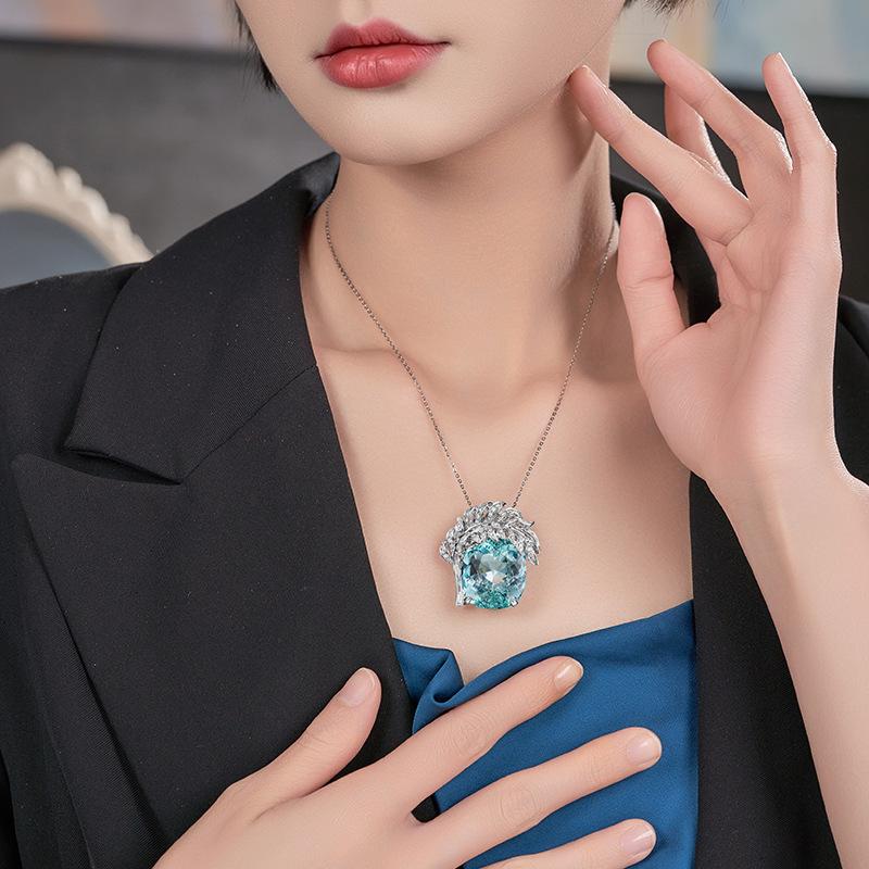2022 New Trendy Necklaces For Women copper Color Zircon Feathers Oval Aquamarine Stone Pendant Engagement Fine Neck Accessories