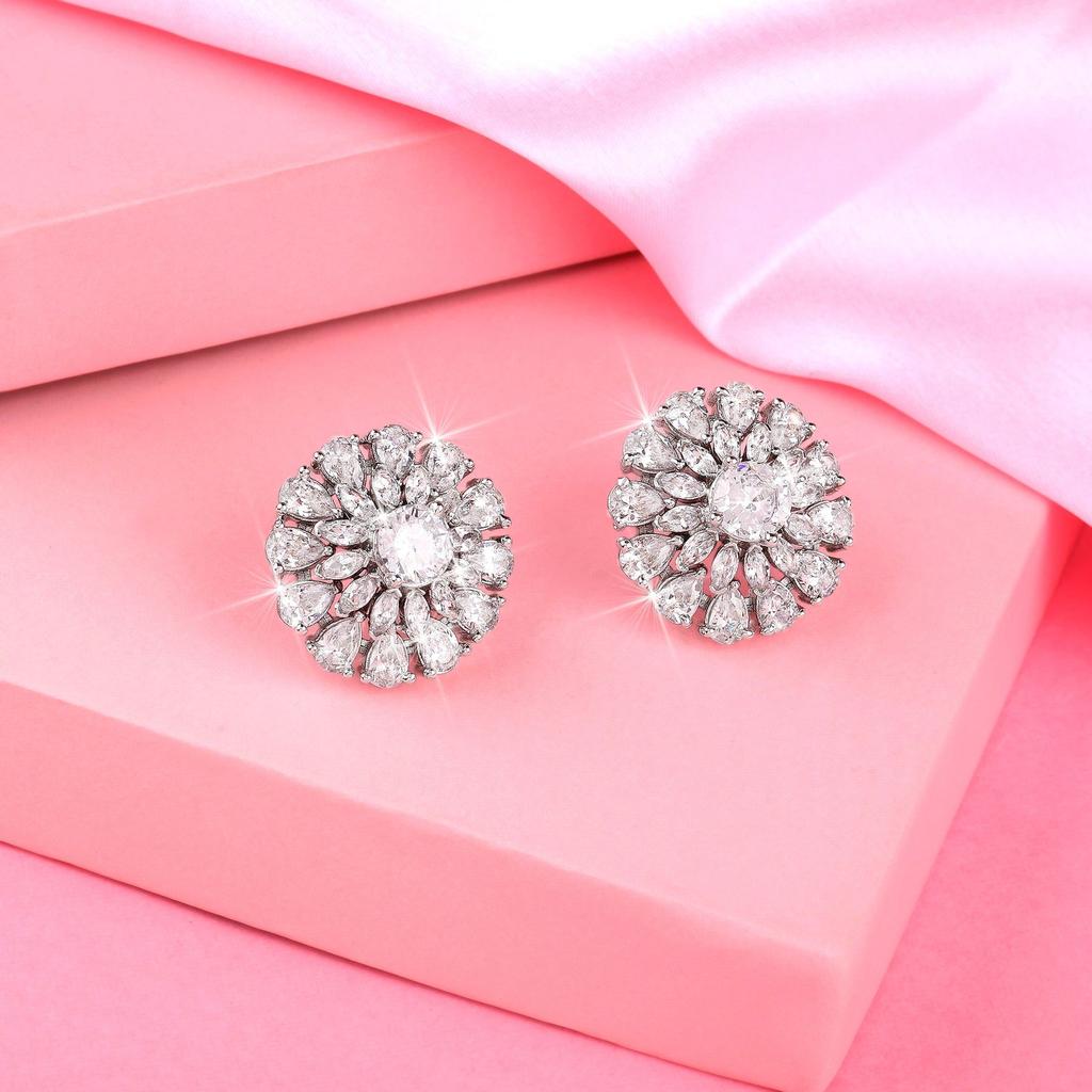 Estele Designer Women's Rhodium Plated Stud Earrings with Sparkling CZ Flower