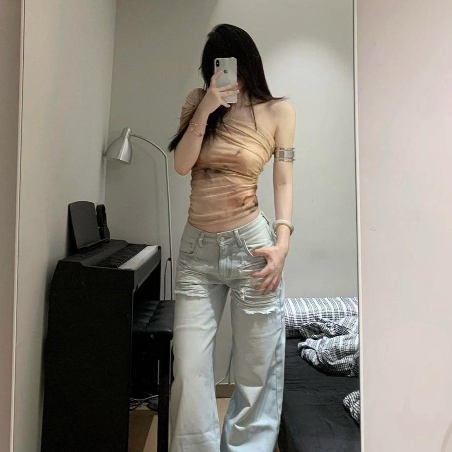 Pure desire design tube top mesh yarn single shoulder sling vest women's spring and summer retro slim fit diagonal dew American printing