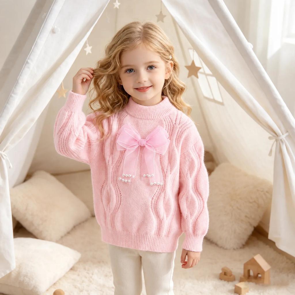 Girls' Fashion Cable Knit Pullover Sweater with, Neck Long Sleeve Top for Fall Winter Everyday Wear