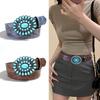 Yousheng Boho Belt Rose Flower Carved Pattern Faux Turquoise Decor Vintage Western Belt Snap Button Imitation Leather Waistband
