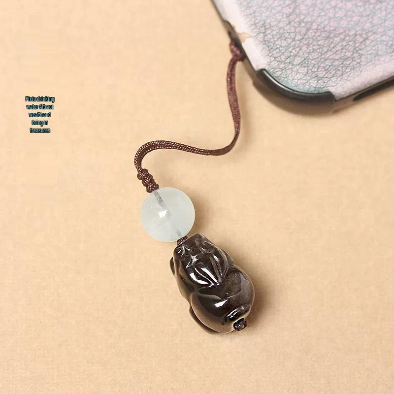Silver Obsidian & Blue Chalcedony Pi Xiu Lanyard Keychain - Unisex Car & Phone Pendant