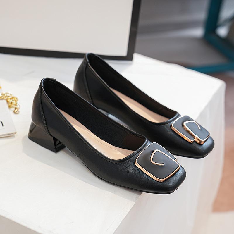 Fashion Elegant Ladies Office Dress Shoes Cow Leather Pumps Woman Medium High Heel Mary Janes Metal Button Loafers Femme Square Toe Shoe