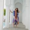 Womens Loose Beach Cover Up With Colorful Block Print UV Protection Swimwear Robe One Size
