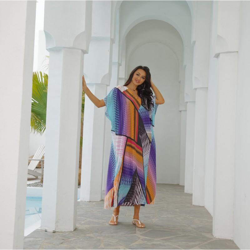Womens Loose Beach Cover Up With Colorful Block Print UV Protection Swimwear Robe One Size