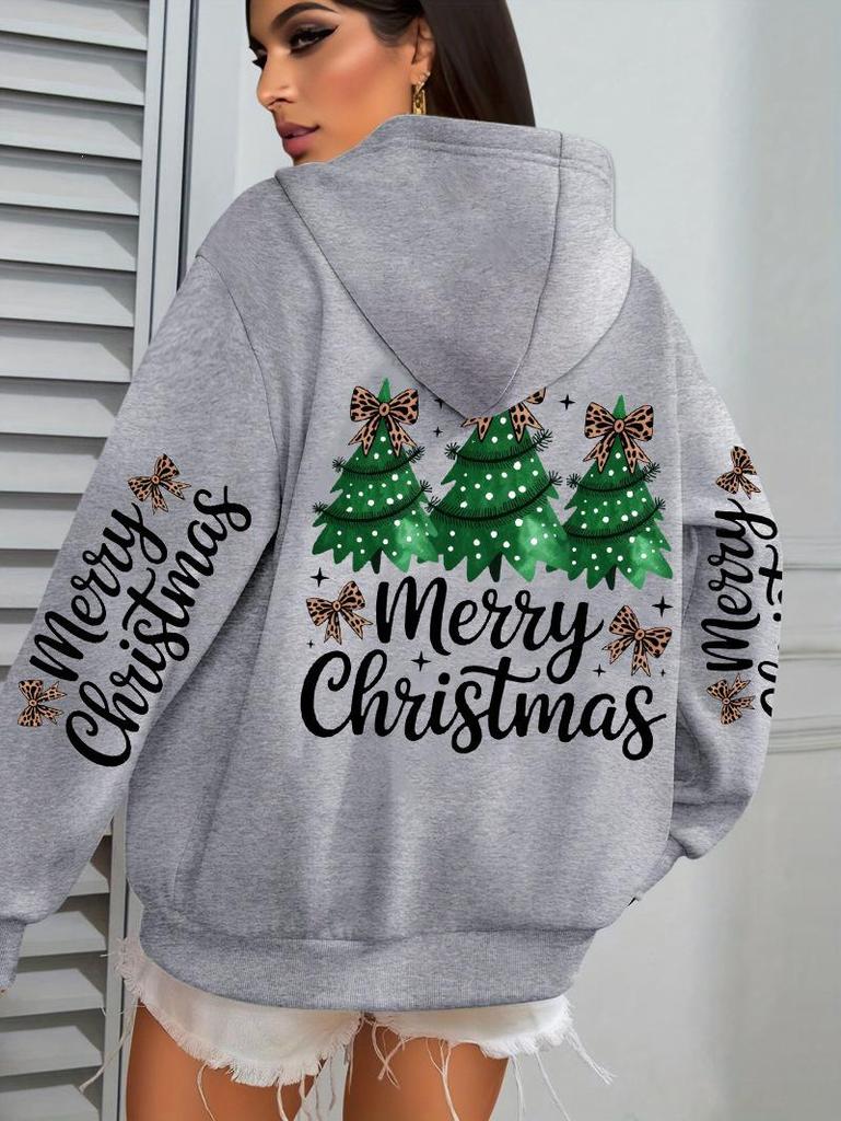 Merry Christmas Tree Bow Women's Hooded Pocket Sweatshirt - Casual Autumn Winter Pullover