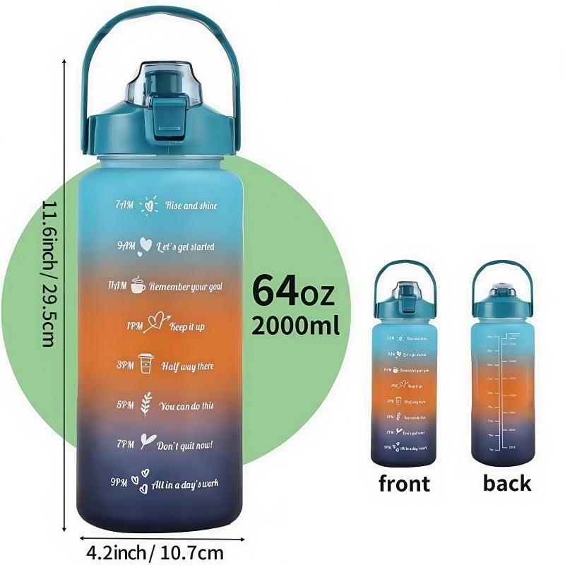 Butelka na wodę 2L na zewnątrz, duża pojemność, plastikowy kubek, pokrywka z klipsem, przenośny, szczelny, kubek ze słomką, znacznik czasu, gradientowa, butelki na siłownię