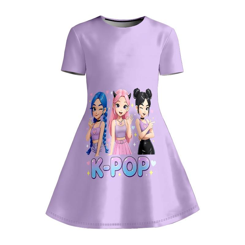 Cute K-Pop Idol Anime Printed Short Sleeved Dress Children's Purple Casual Summer Outfit Suitable for Birthday Gifts and Parties