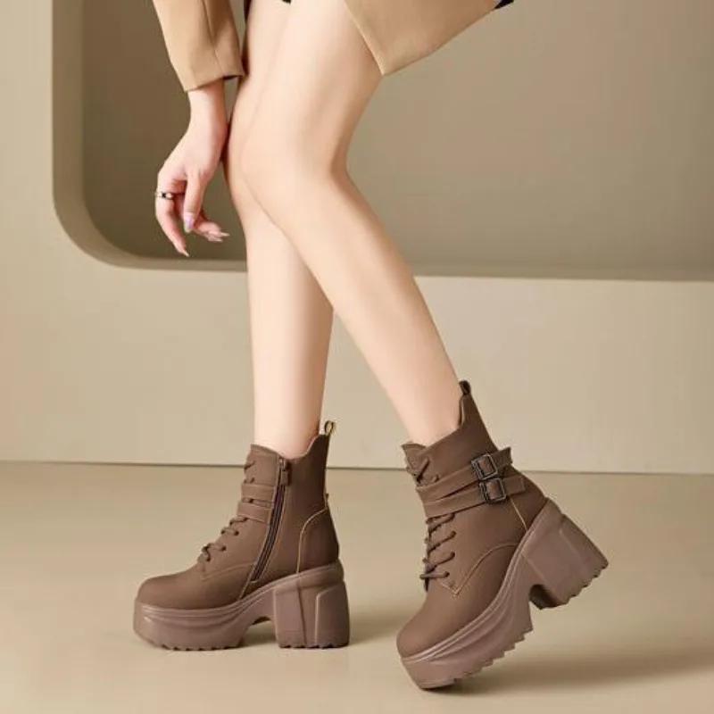 Fashion 10cm Microfiber Synthetic Women ZIP Chunky Heels Platform Booties Autumn Ankle Spring Ankle Motorcycle Thick Soled Shoes