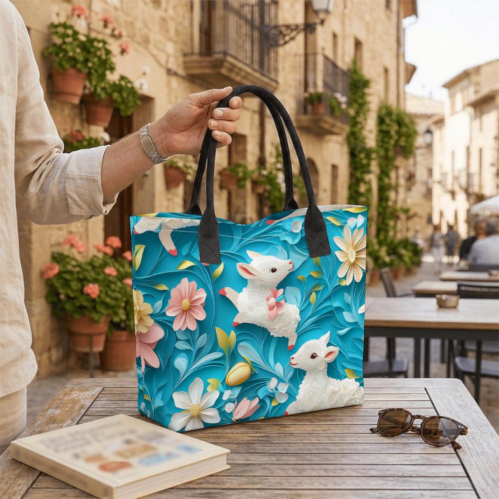 Cute Lamb Floral Printed Tote Bag Fashion Casual Large Capacity Canvas Handbag for Women Daily Use