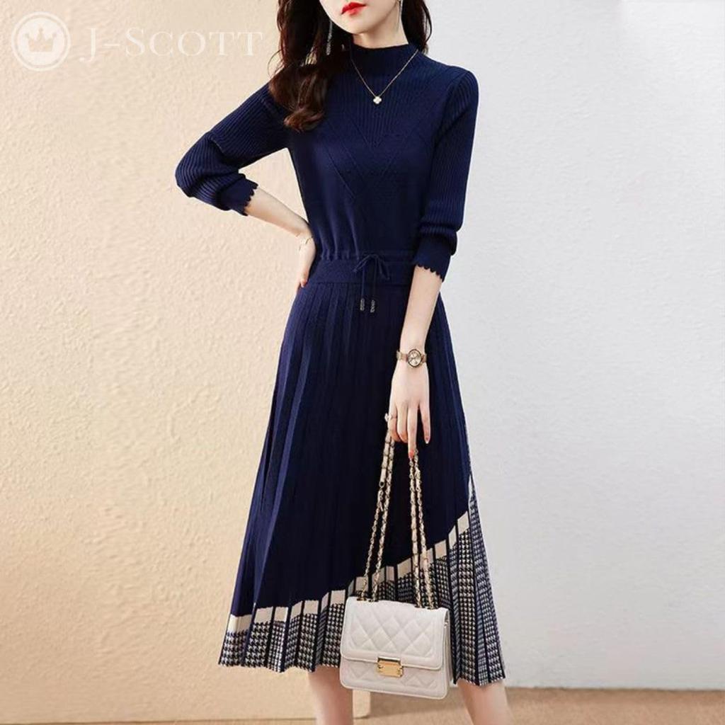 Pleated Glen Plaid Knit Midi Fit Boat J-Scott Women's Dress, Length, & Flare, Neck, Navy, JS161-NV-M