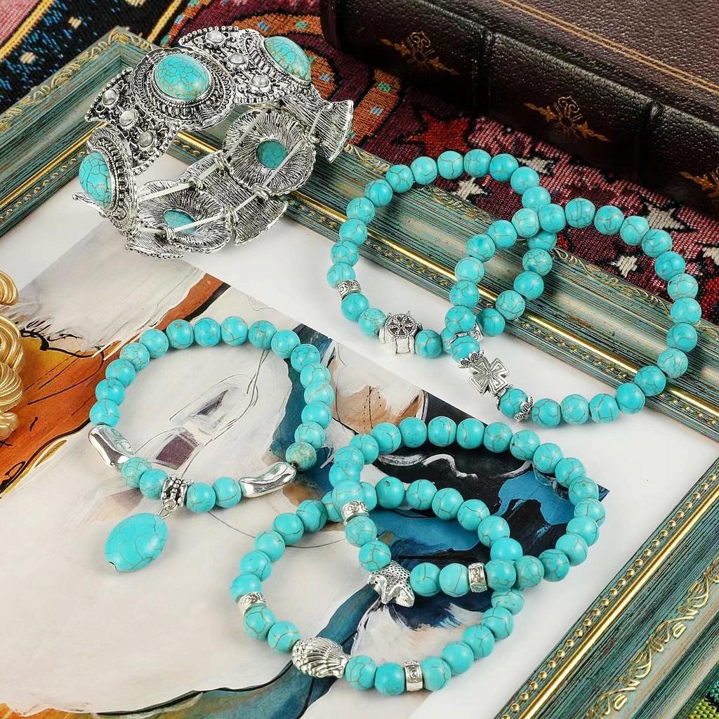 Fashionable Bohemian Ethnic Turquoise Beaded Bracelet Set For Women