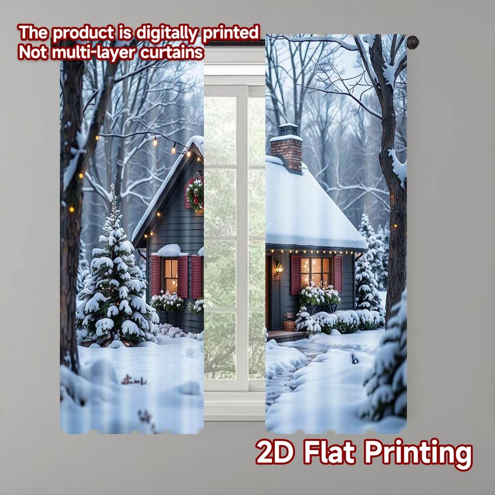 

Set Of 2 Flat Printing Merry Christmas Party Curtains Fantasy Winter View Snow Covered Cabin Versatile Polyester Without Curtain Made W100*H70(CM)-Grommet top&2PCS