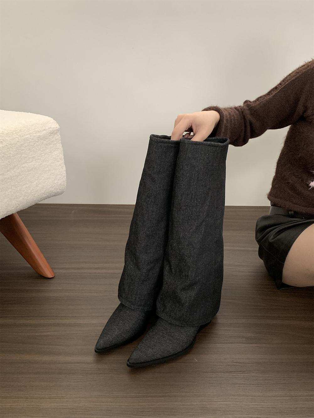 

мода Острый носок Женские ботфорты на высоком каблуке Черные Бежевые Синие 2024 Новинки Рыцарские высокие ботильоны Боковая молния Вечерние туфли Размер 35-39 245 чёрный