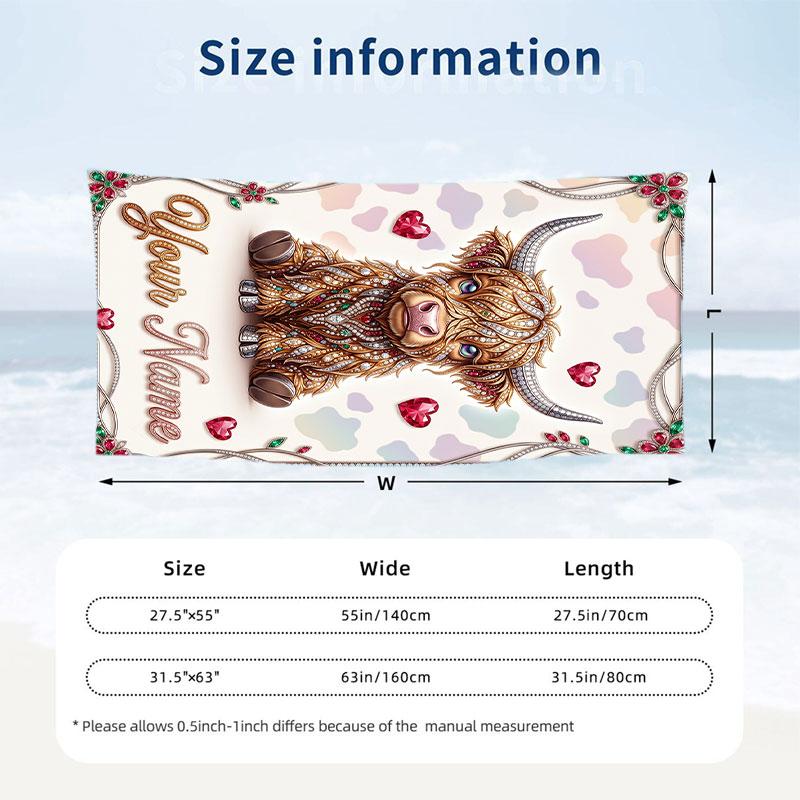 Cow Highland Theme Beach Towel Personalized Custom Name & Text Soft Quick Dry Beach Towel for Swimming Travel