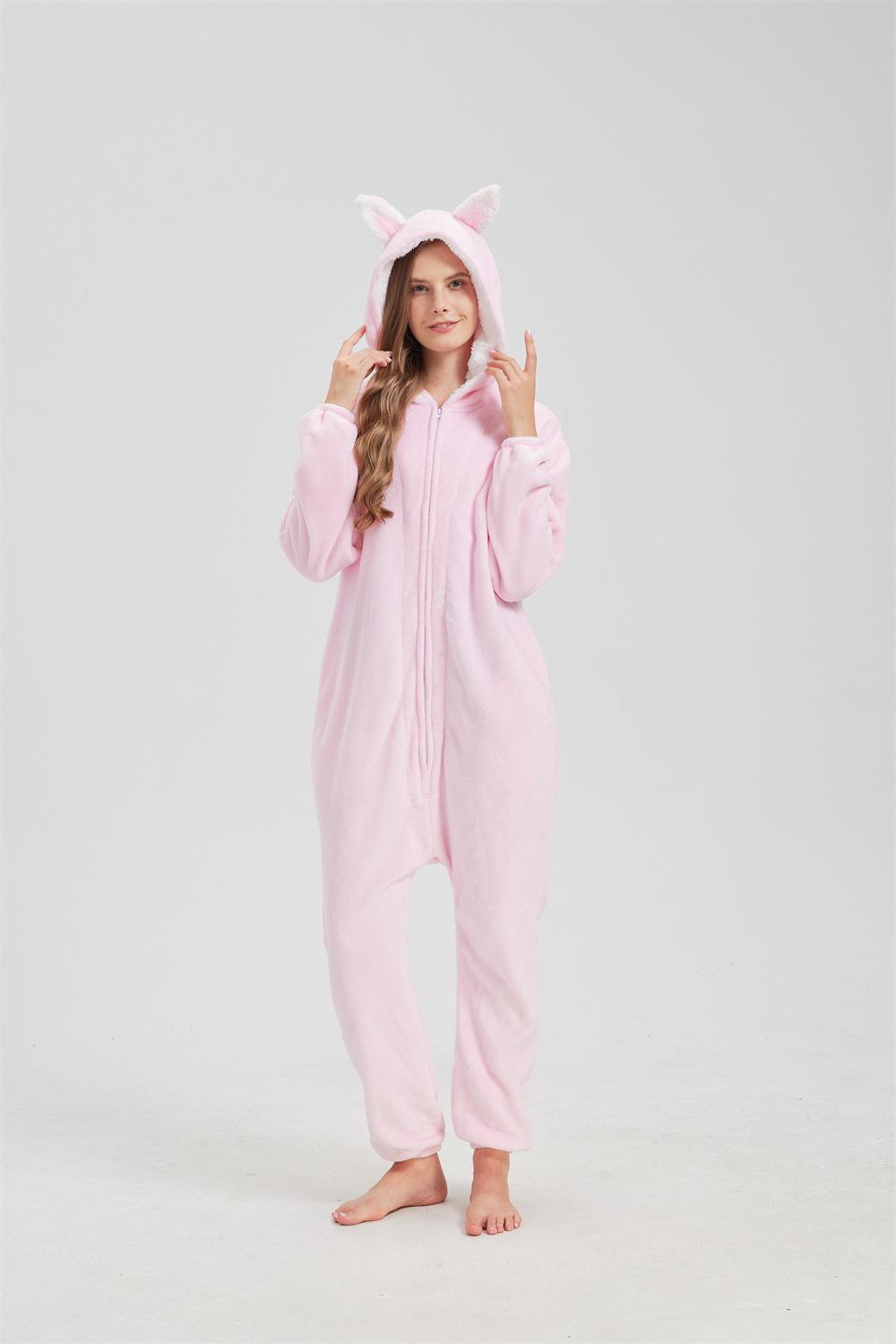 

Cute Cartoon Flannel Zipper Onesie for Women – Warm Homewear Small рожевий